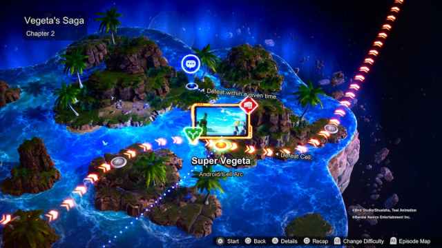 A map view of Vegeta's Saga, Chapter 2, showing the "Super Vegeta" mission in the Android/Cell Arc. The mission is set on an island with palm trees, where Cell must be defeated.