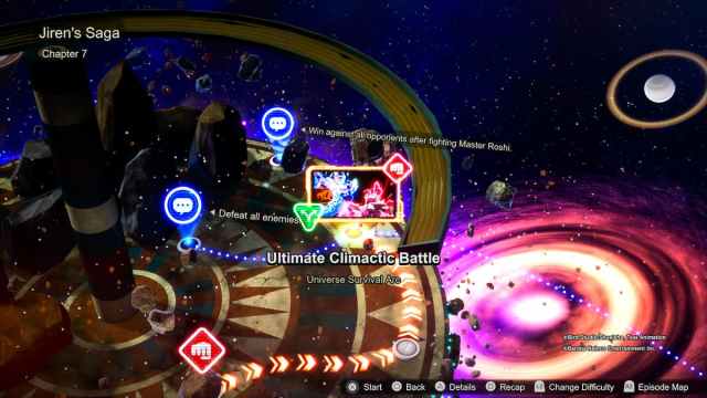 Map of Jiren's Saga, Chapter 7 in Dragon Ball Sparking Zero, highlighting the episode "Ultimate Climactic Battle," which shows a battle involving Jiren with the objective to defeat all enemies and win against all opponents after fighting Master Roshi.