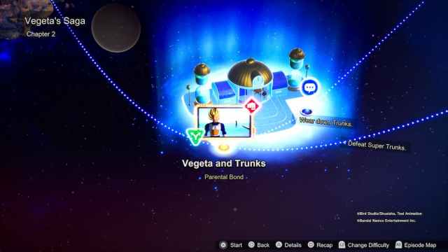 A map view of Vegeta's Saga, Chapter 2, featuring the "Vegeta and Trunks" mission with the “Parental Bond” arc. The map shows a building similar to the Hyperbolic Time Chamber, with a blue starry background.